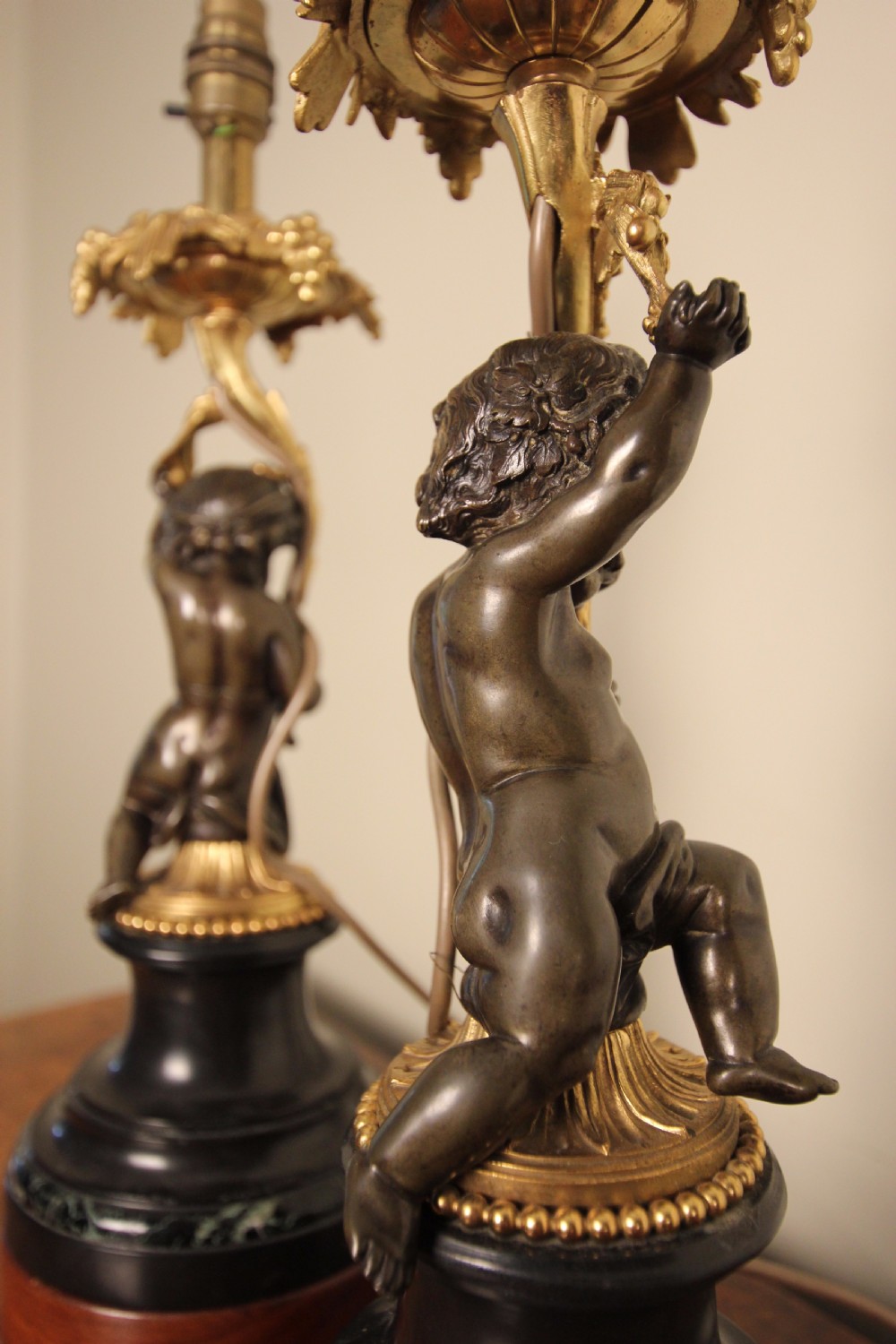 A Pair of Bronze, Ormolu & Marble Cherub Lamps View IX