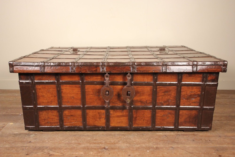 19th Century solid Teak & Iron banded trunk  View II