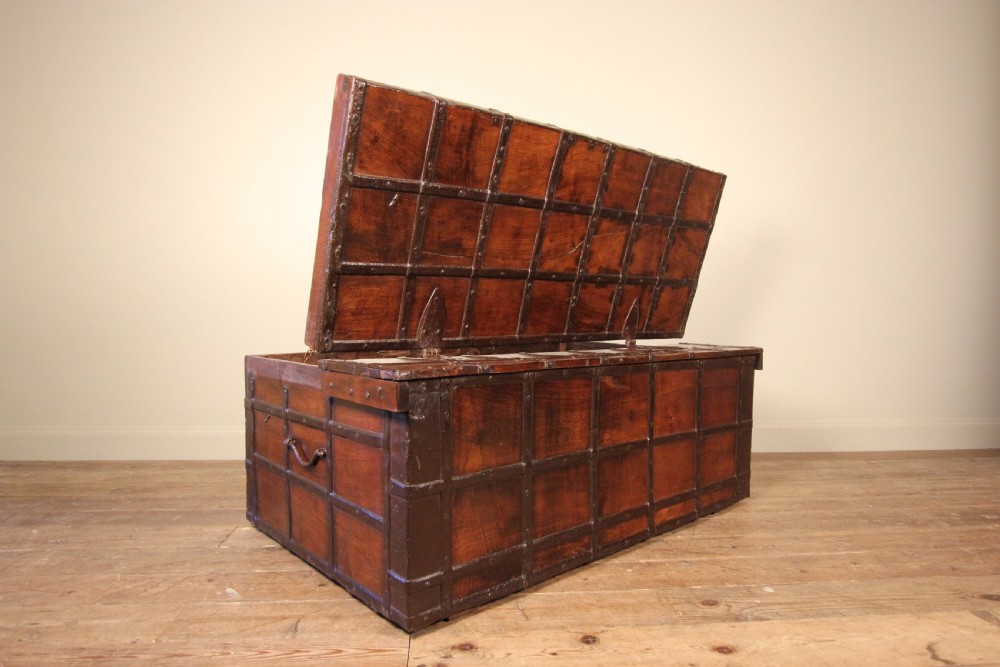 19th Century solid Teak & Iron banded trunk  View III