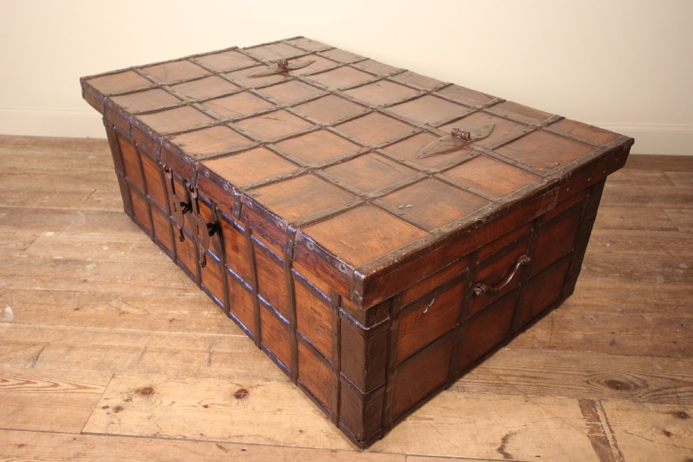 19th Century solid Teak & Iron banded trunk  View V