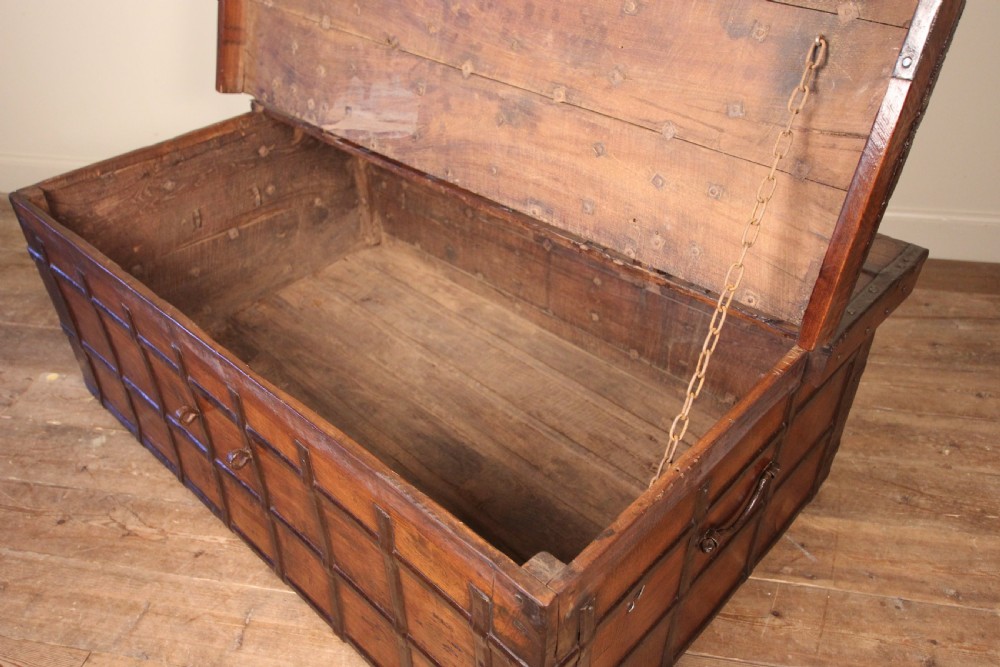 19th Century solid Teak & Iron banded trunk  View IX