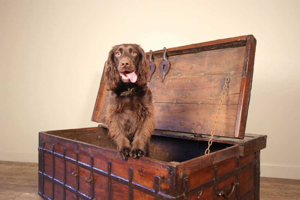 19th Century solid Teak & Iron banded trunk  View X