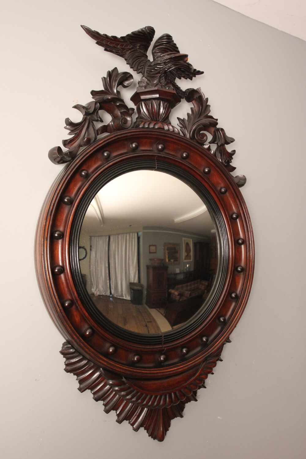 19th C. Large Convex Walnut Mirror View VI