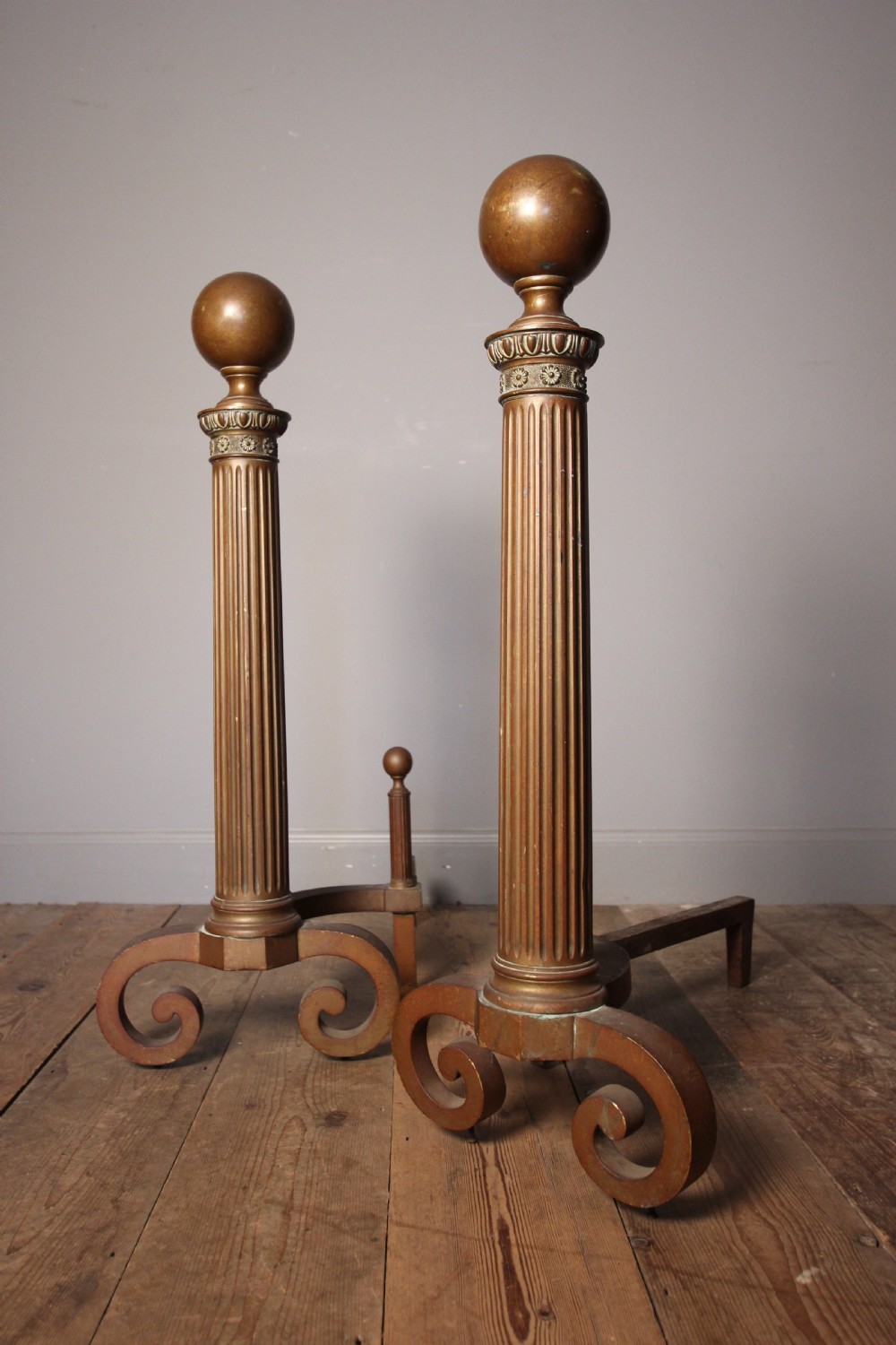 A Superb Pair of Large Country House Brass Andirons