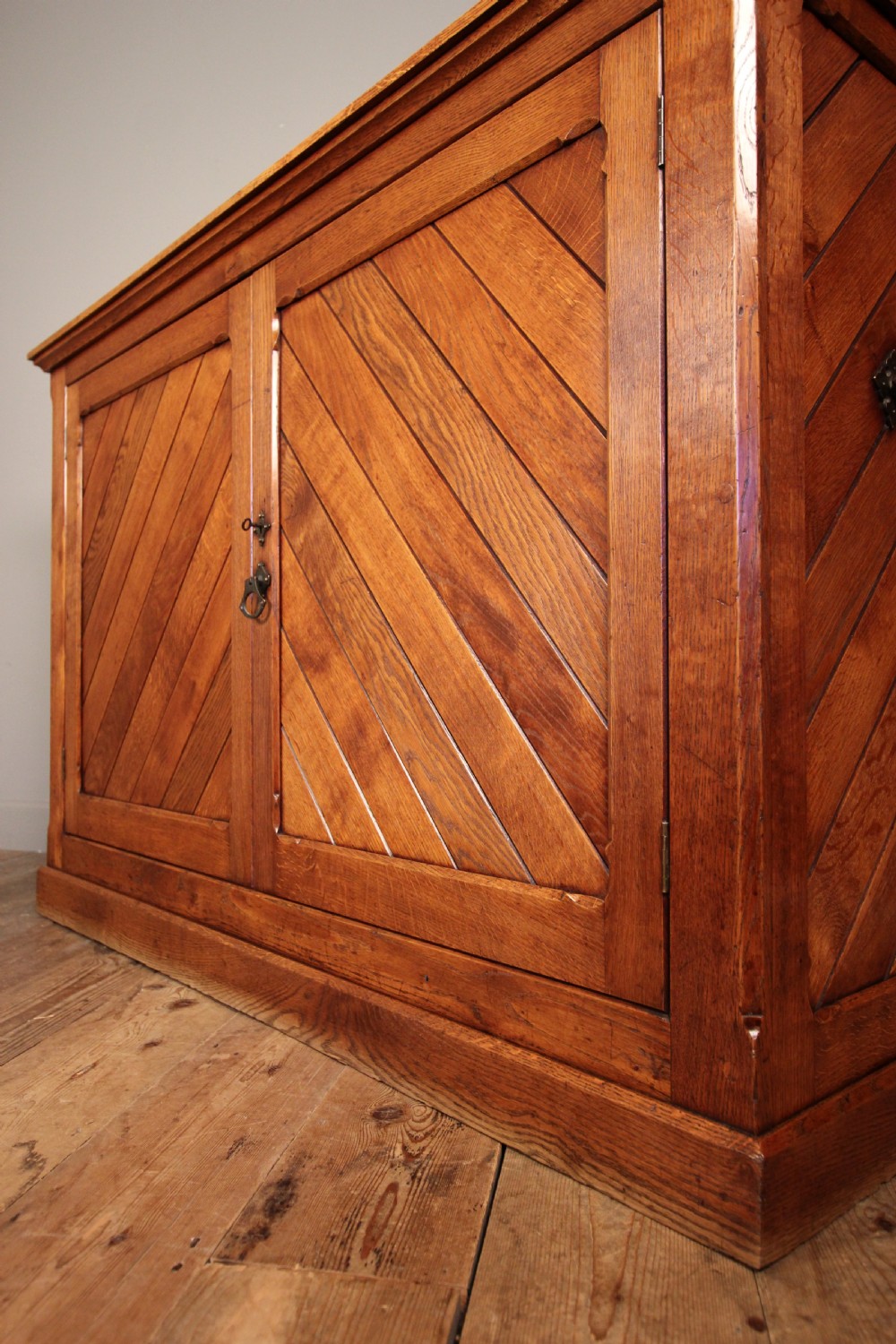 Striking 19th C Gothic Oak Shop Counter Cabinet View III