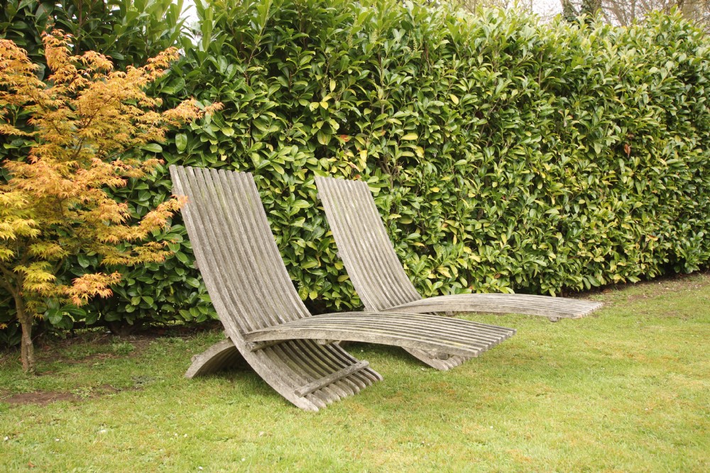 Stylish Pair of 1920's Teak Garden Lounger Chairs View II