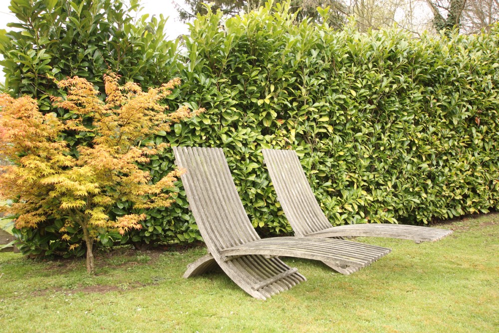 Stylish Pair of 1920's Teak Garden Lounger Chairs View III