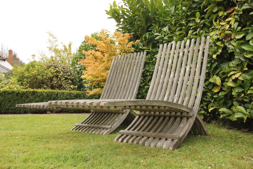 Stylish Pair of 1920's Teak Garden Lounger Chairs View IV
