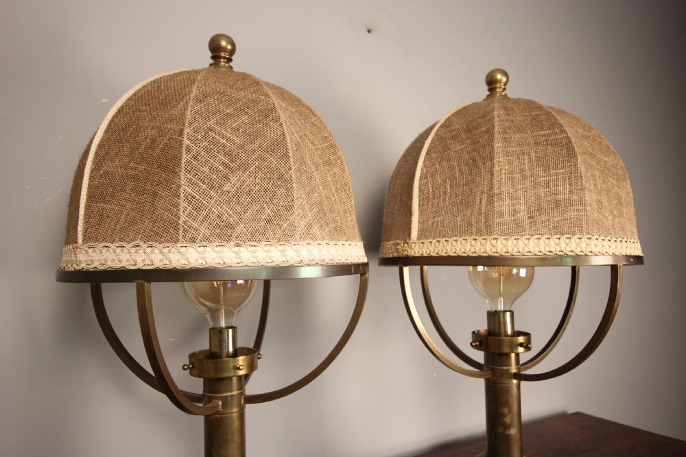Large Pair of Brass Lamps with original shades View VII