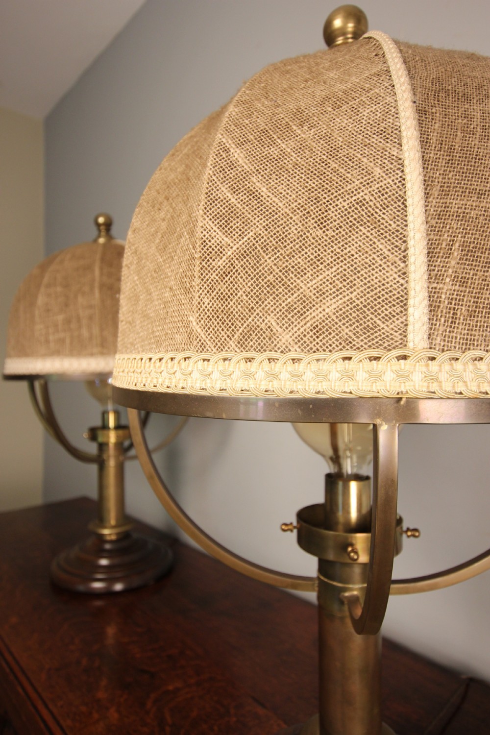 Large Pair of Brass Lamps with original shades View IX