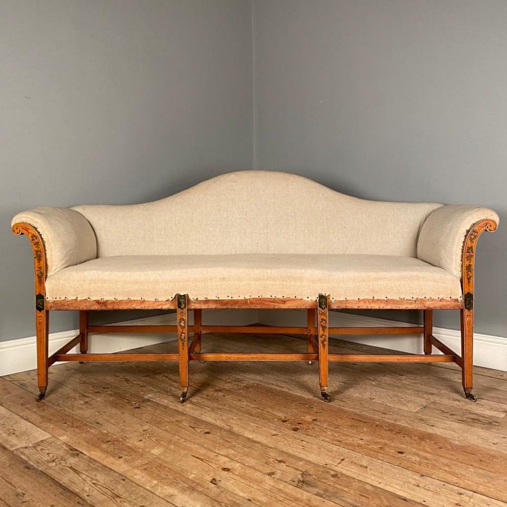 19th C Satinwood, Camel Back Settee