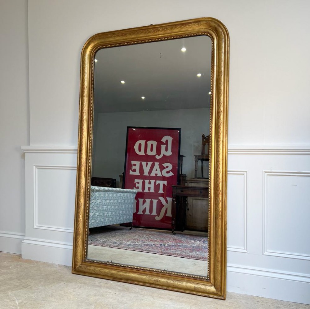 Large 19th C Sgrafitto Giltwood Wall Mirror with Mercury Plate