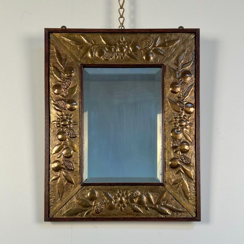 Arts & Crafts Oak & Repousse Brass Mirror