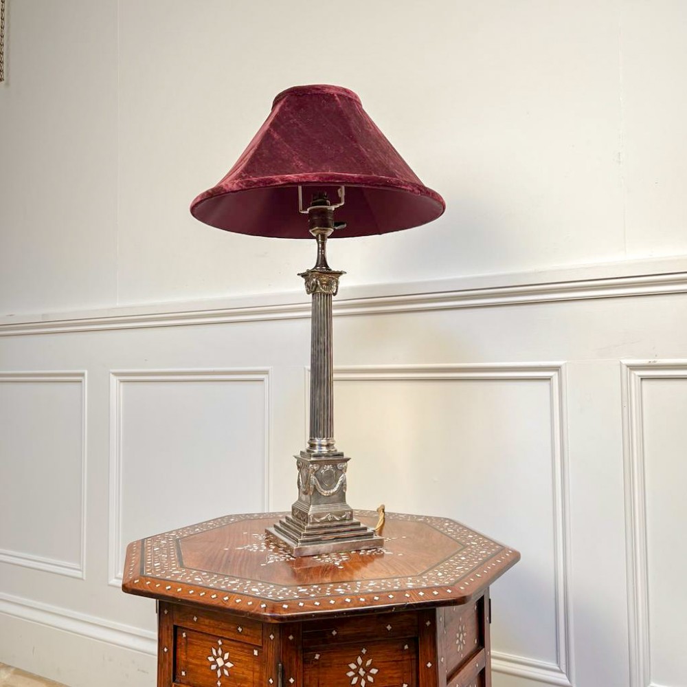 19th C Silver Plate Corinthian Column Table Lamp