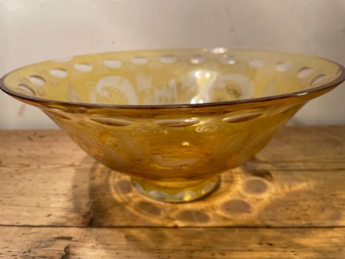 LARGE BOHEMIAN ETCHED AMBER GLASS BOWL C1900 - ADDITIONAL PHOTO 2