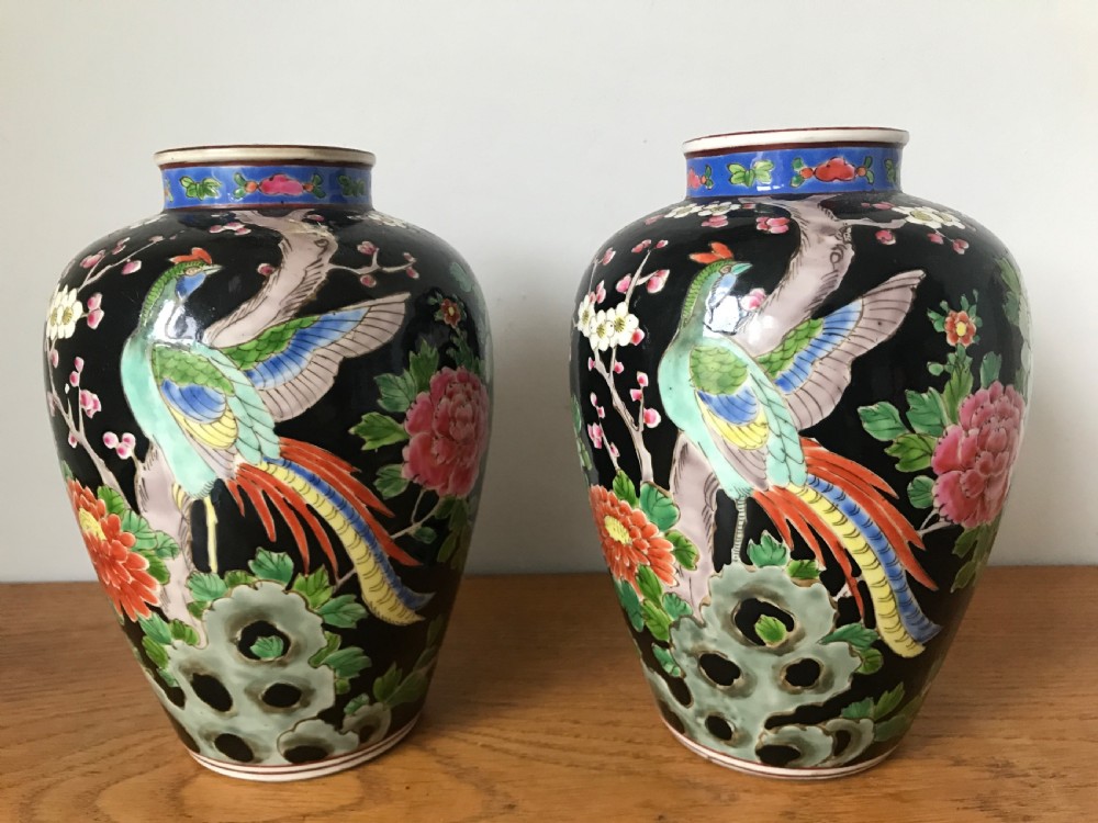 Pair of Chinese Famille Noire vases late Qing Dynasty