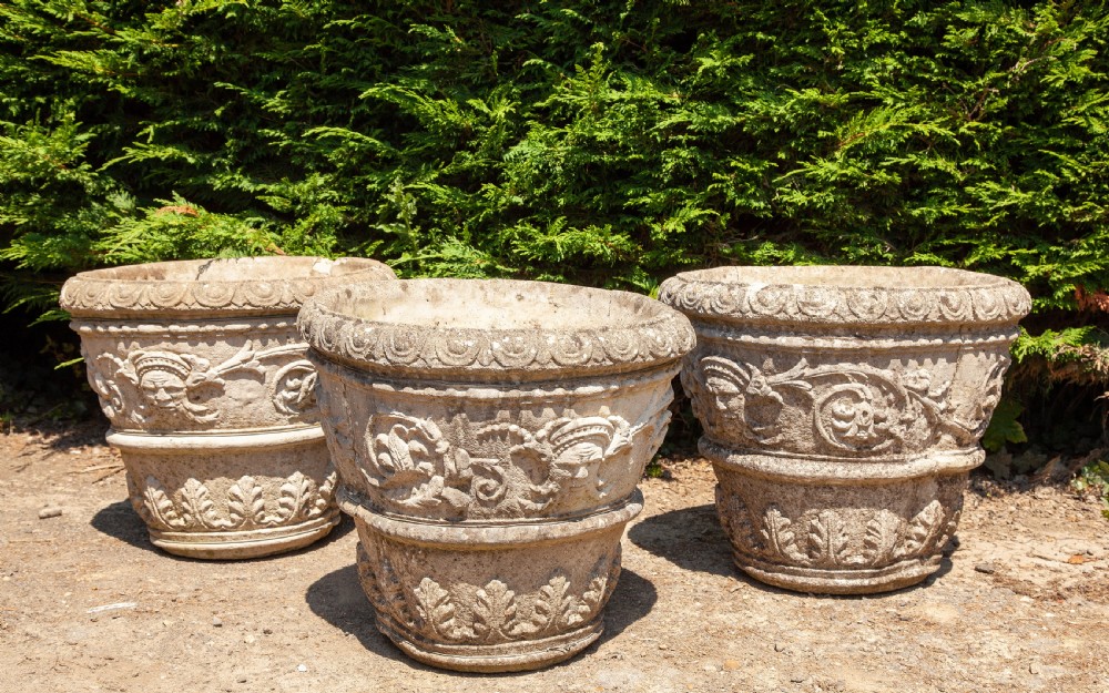 Set of three composite stone planters circa 1920 View V