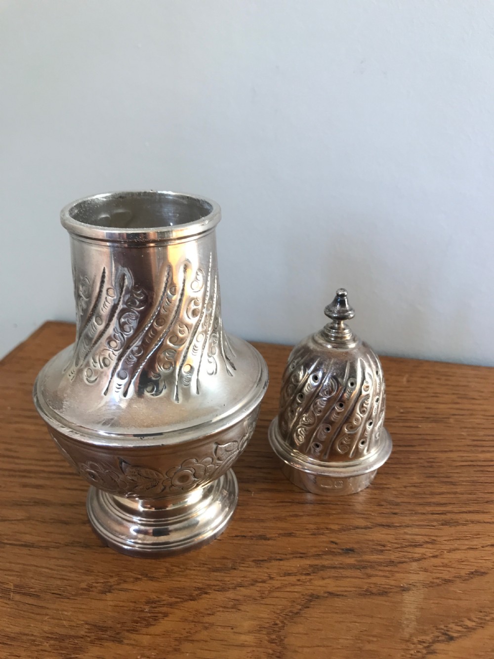 George III style Silver Sugar caster  with London Hallmarks for A .C & sons  Ltd. 1967. View IV