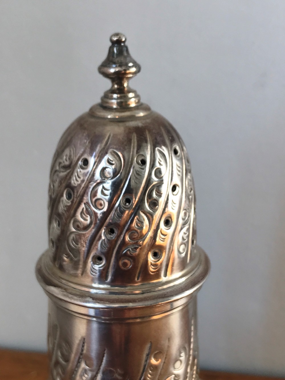 George III style Silver Sugar caster  with London Hallmarks for A .C & sons  Ltd. 1967. View VI