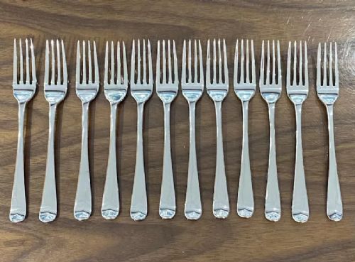 Set of 12 Antique Silver George III Old English Pattern Dessert Forks made in 1802
