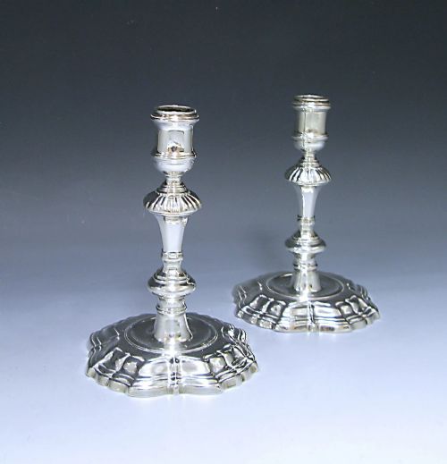 Pair of George II Antique Silver Cast Candlesticks made in 1740
