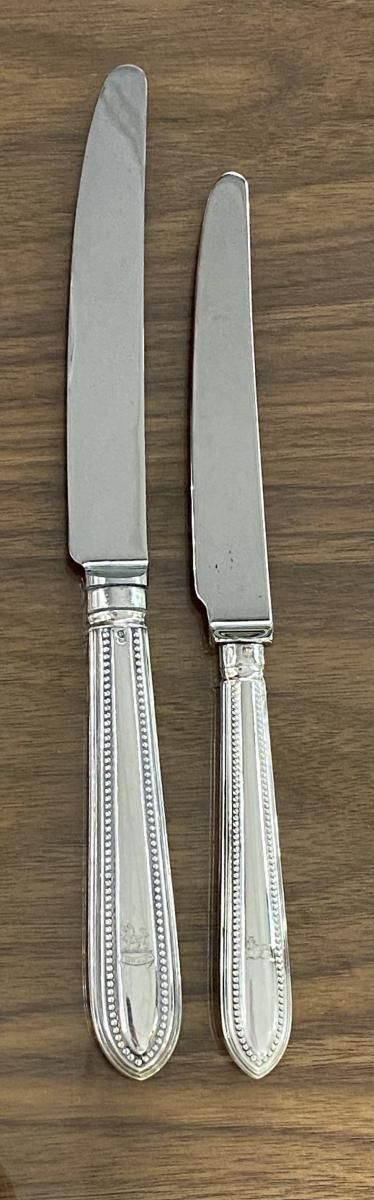 12 Antique Silver Victorian Bead Pattern Table Knives & 12 Dessert Knives made in 1870