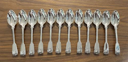 Set of 12 Antique Silver Victorian Fiddle ,Thread and Shell Pattern Dessert Spoons made in 1864