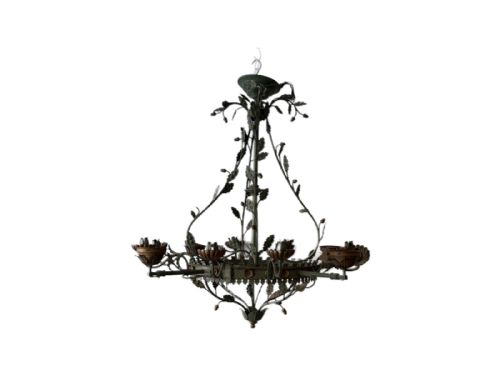 antique tole metal oak leaf chandelier - CATEGORY: ANTIQUE LIGHTING - DATED 1900