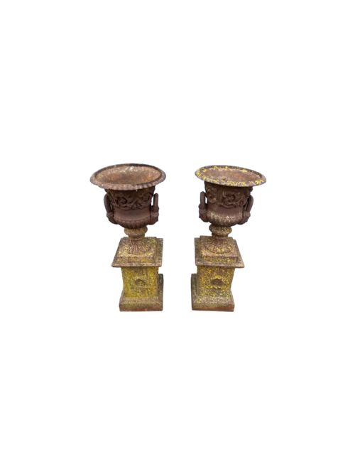 PAIR OF 19TH CENTURY CAST IRON CAMPAGNA URNS ON BASES - ADDITIONAL PHOTO 1