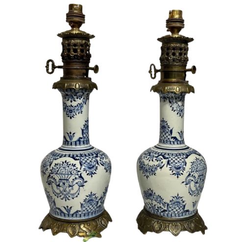 french antique blue and white lamps - CATEGORY: ANTIQUE LIGHTING - DATED 19TH CENTURY