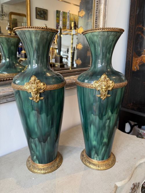 LARGE PAIR OF MOTTLED GREEN GLAZED VASES