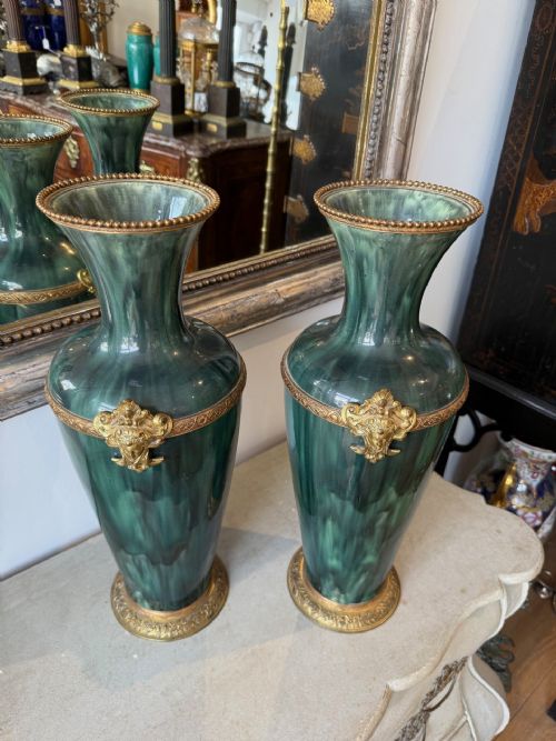 LARGE PAIR OF MOTTLED GREEN GLAZED VASES - ADDITIONAL PHOTO 1