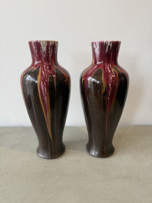 PAIR OF FRENCH RED DRIP GLAZE POTTERY VASES