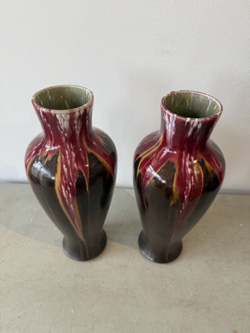 PAIR OF FRENCH RED DRIP GLAZE POTTERY VASES - ADDITIONAL PHOTO 1