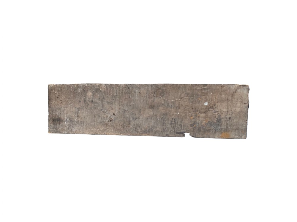 A rectangular, weathered wooden shop sign with hand-painted white lettering reading PAPETERIE against a dark brown painted surface. View V