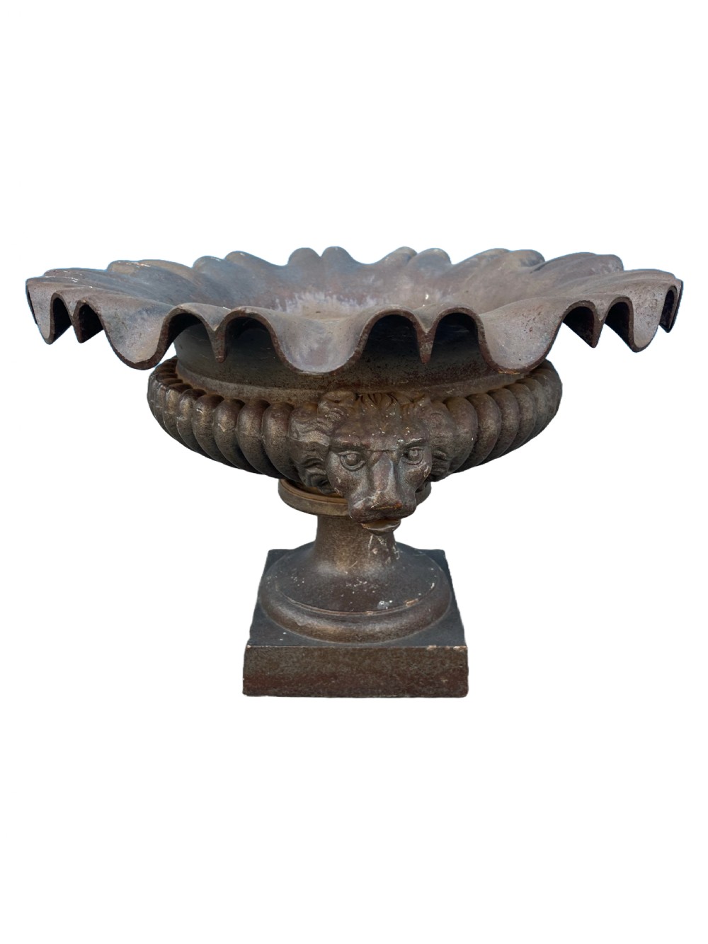 A pair of dark grey cast iron garden urns featuring scalloped rims, gadrooned bodies, lion mask motifs, and square pedestal bases. View II