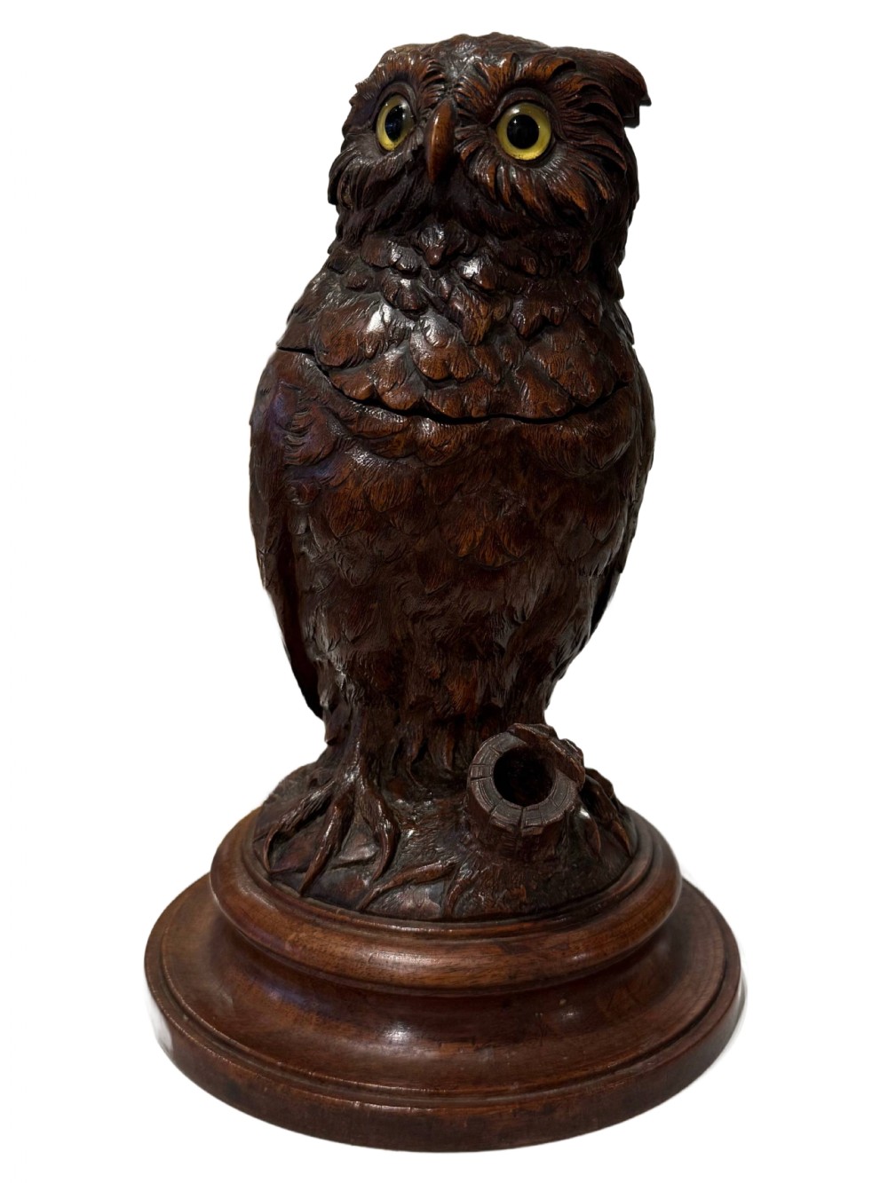 Black Forest carved owl tobacco jar