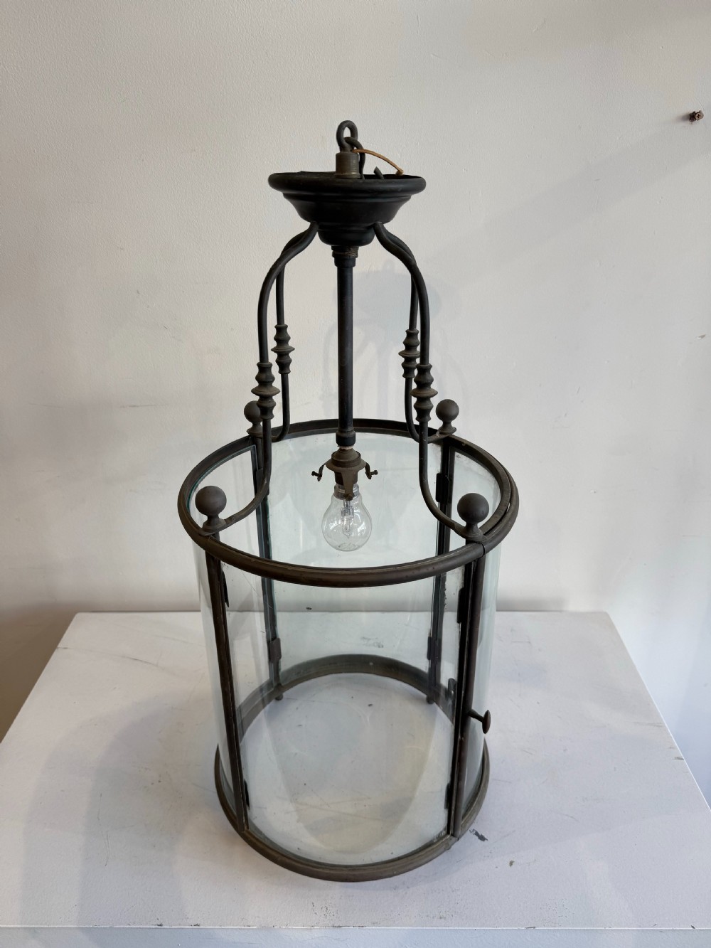 French antique bronze patina circular hall lantern  View III