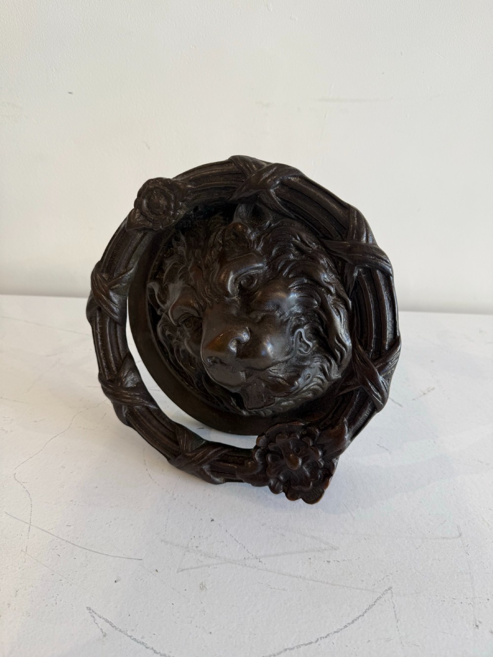 Oversize antique bronze lion door knocker 