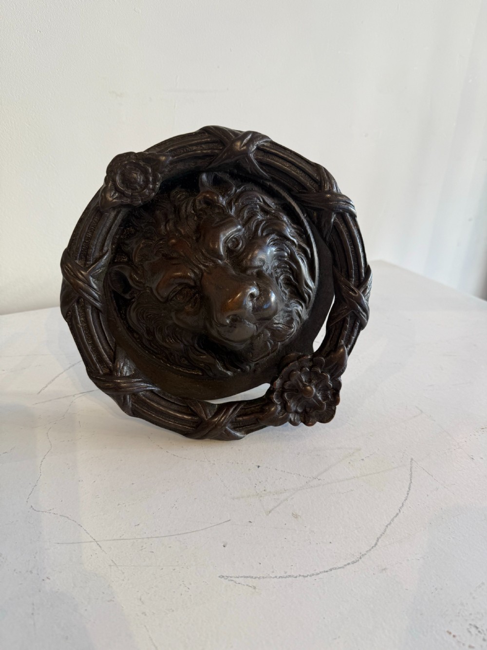 Oversize antique bronze lion door knocker  View II