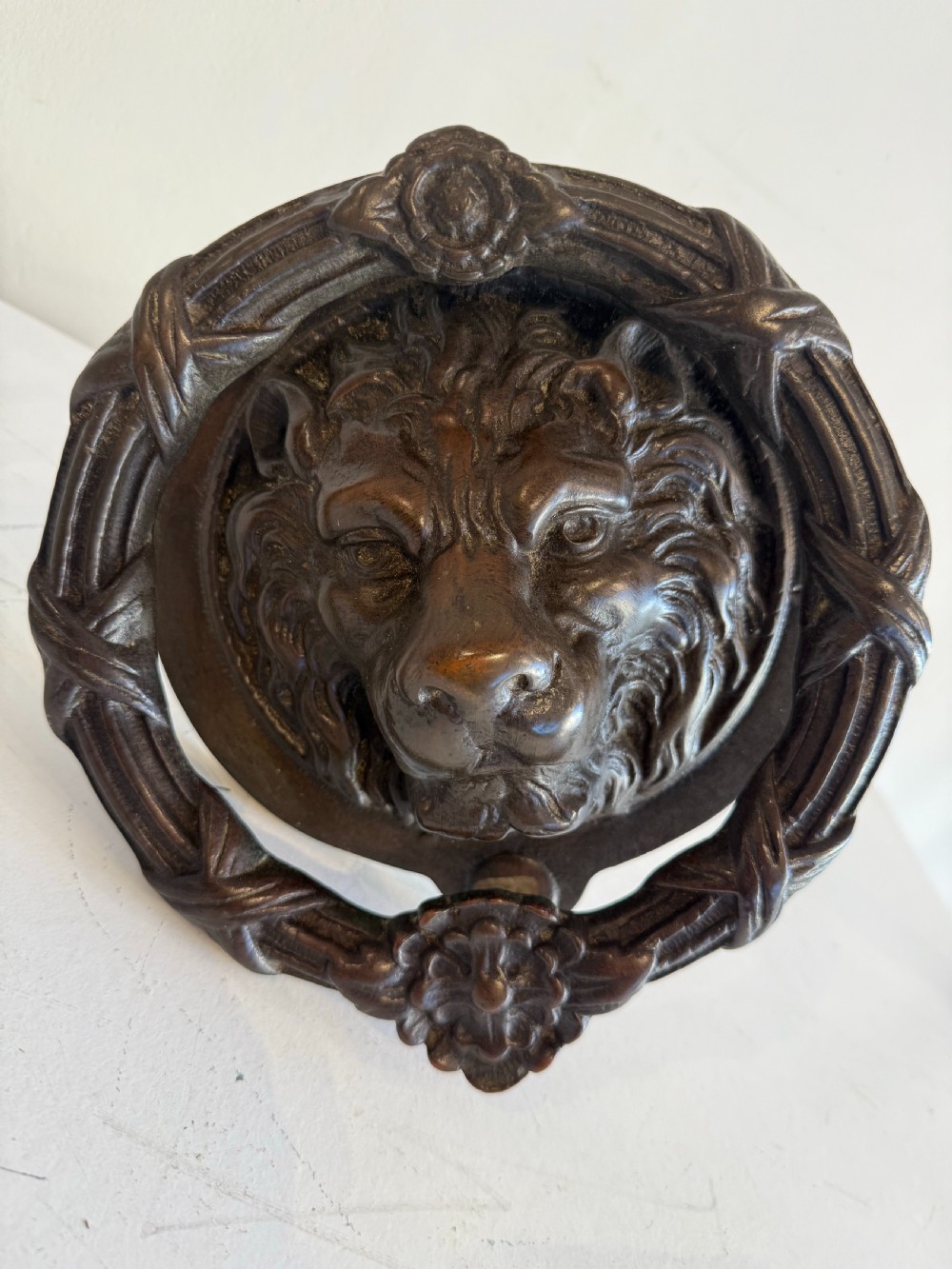 Oversize antique bronze lion door knocker  View III
