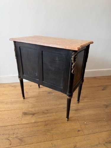 A pair of black lacquered Louis XVI style commodes featuring gold gilt Chinoiserie landscapes, marble tops, and tapered fluted legs. View XIII