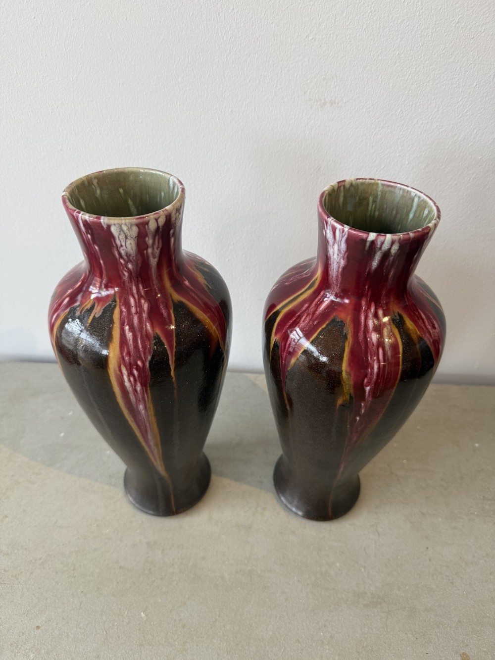 Pair of French red drip glaze pottery vases View II