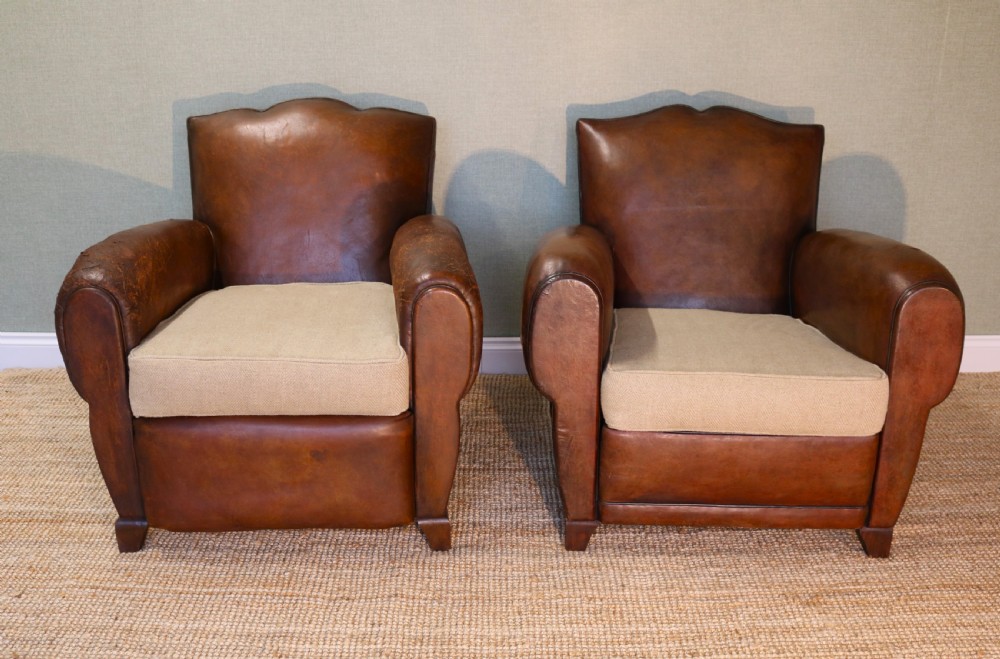 pair of near match French leather Club Armchair