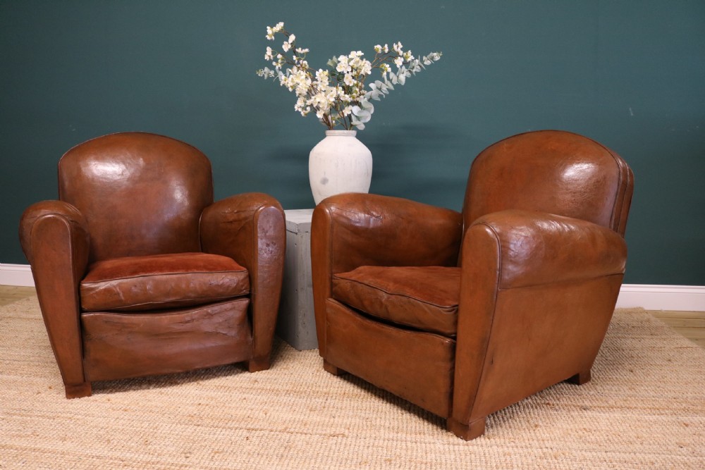  Pair French Leather Club Chairs