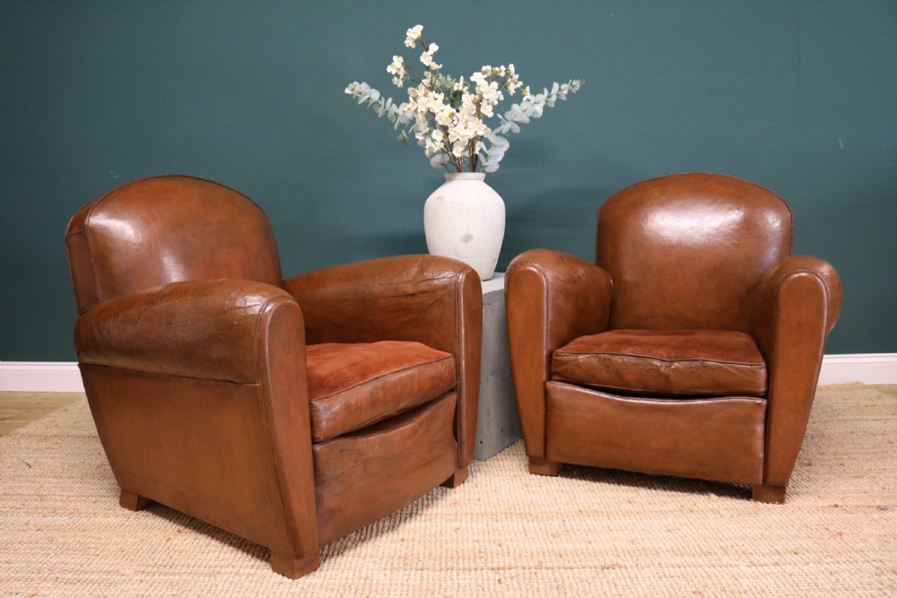  Pair French Leather Club Chairs View XVI