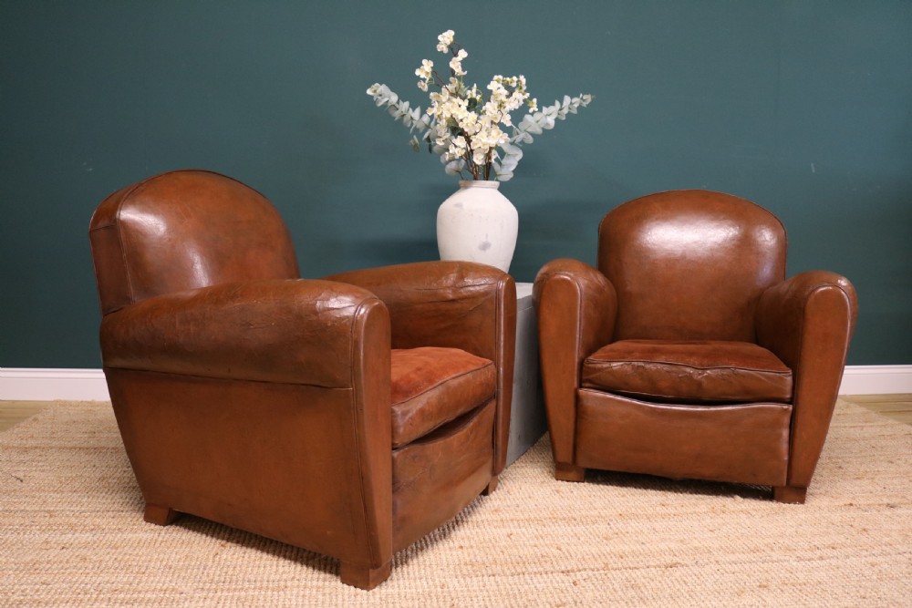  Pair French Leather Club Chairs View XVII