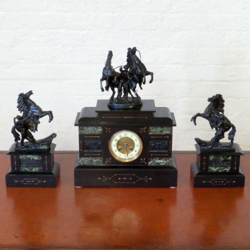 victorian black slate and marble clock set - CATEGORY: ANTIQUE CLOCKS - DATED VICTORIAN