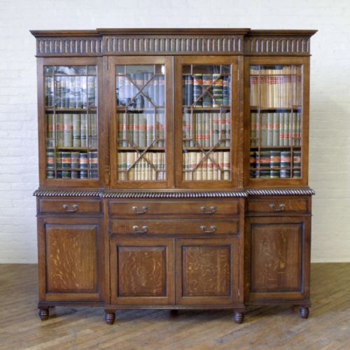 edwardian oak breakfront bookcase - CATEGORY: ANTIQUE BOOKCASES - DATED EDWARDIAN