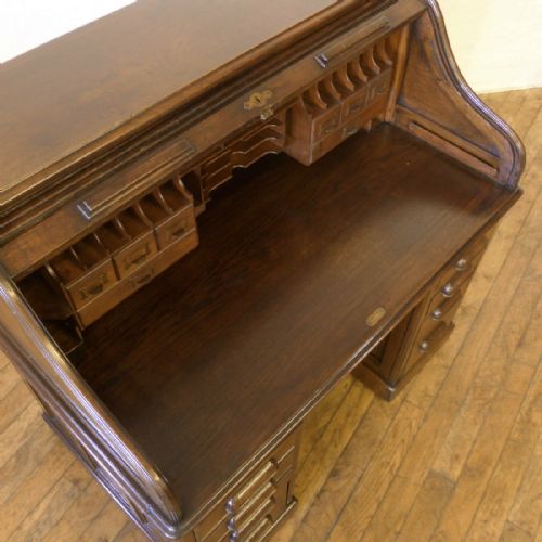 EDWARDIAN DARK OAK ROLL TOP DESK - ADDITIONAL PHOTO 7